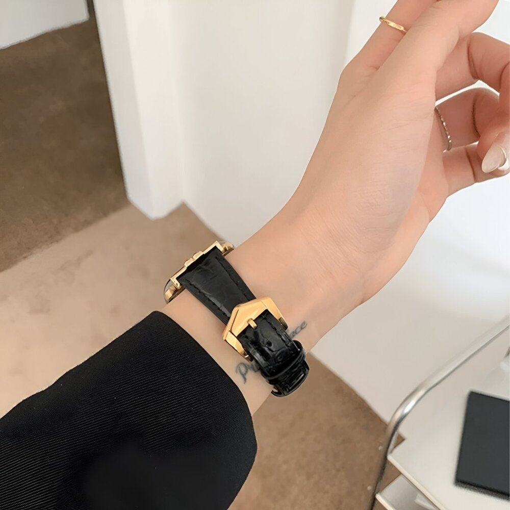 NEW Stylish Premium Leather Gold Strap Watch Band For Apple Watch - Black - Picture 6 of 7